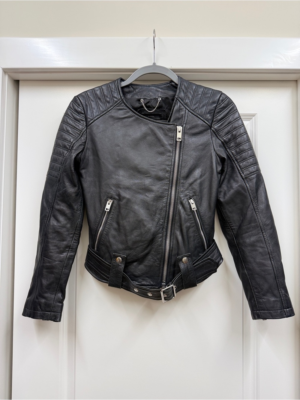 Diesel Sheepskin Leather Moto Biker Jacket Quilted Black Size XS